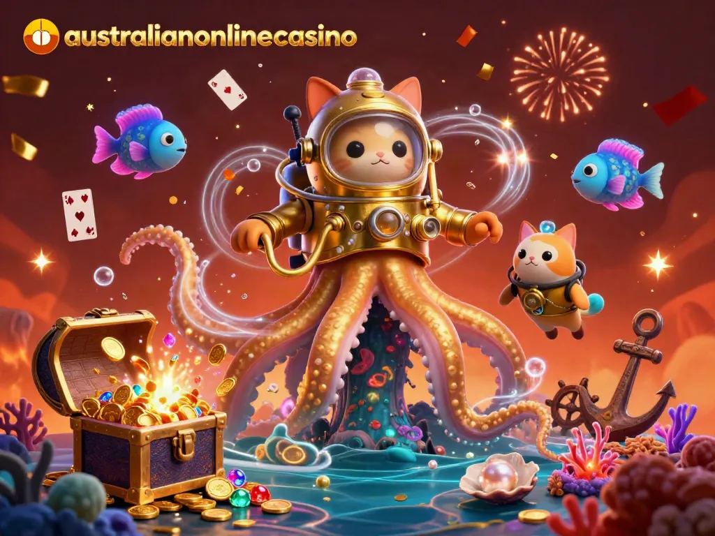 Experience fast gaming action at australianonlinecasino with a kraken, diving cat, and treasure.