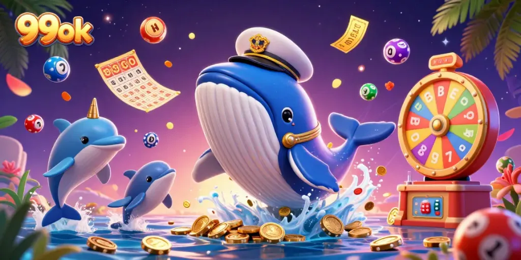 Experience thrilling gaming with 99ok in this vibrant casino illustration featuring playful dolphins and gold.