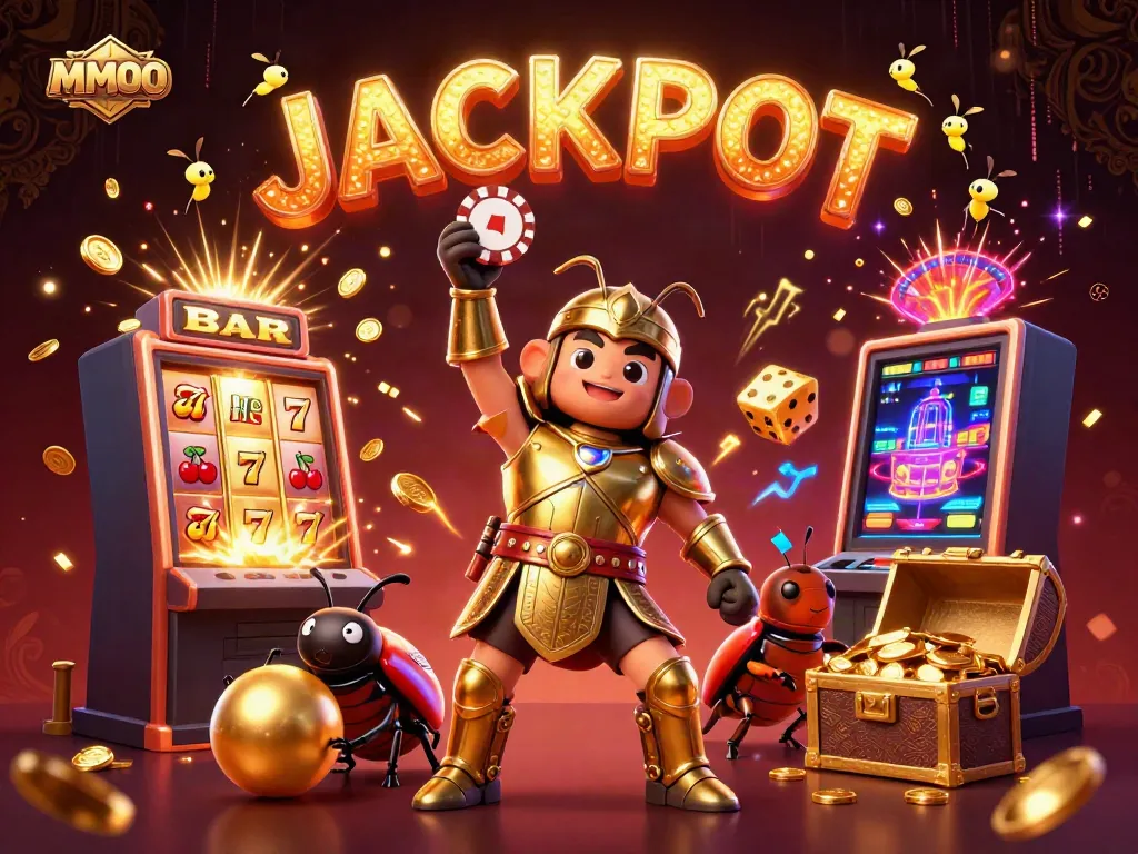 Experience the excitement at MMOO as a gladiator beetle triumphantly lifts a chip amidst a jackpot explosion.