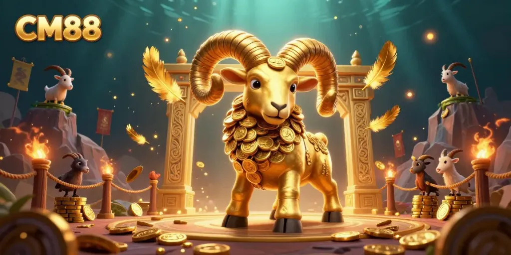Experience dynamic action at CM88’s thrilling online casino with a golden ram and spirited backdrop.