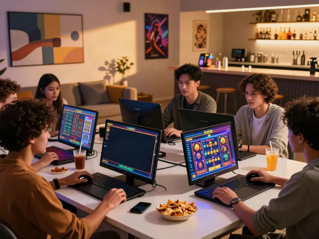 Friends enjoying online gaming at DA88, showcasing vibrant slot games and a lively atmosphere.