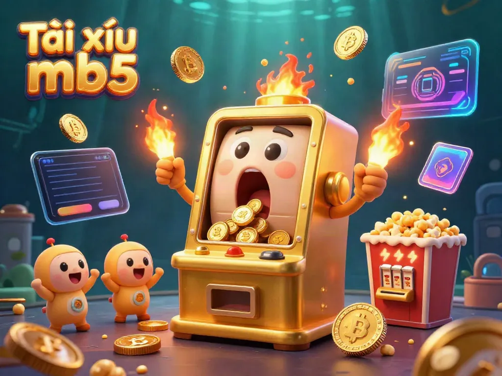 Tài xỉu mb5 illustrates a lively scene with a golden slot machine hitting a jackpot while coins pour out, cheer from smaller slots, and a popcorn sidekick adds excitement.