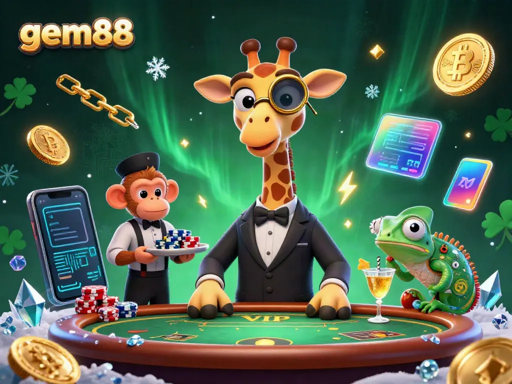 Experience thrilling gameplay at gem88 with a high-roller giraffe at a VIP poker table surrounded by vibrant casino elements.