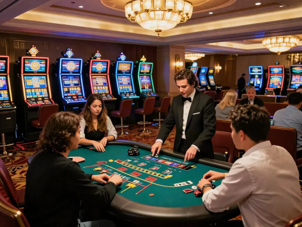 Exciting Casino Gratuit environment showcasing players at blackjack and slot machines, representing vibrant gaming atmosphere.