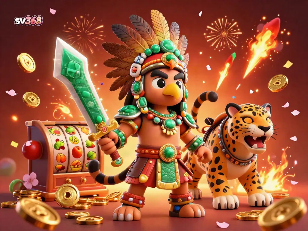 Bet on sv368’s exciting casino adventures with a dynamic Aztec warrior and vibrant slot elements.