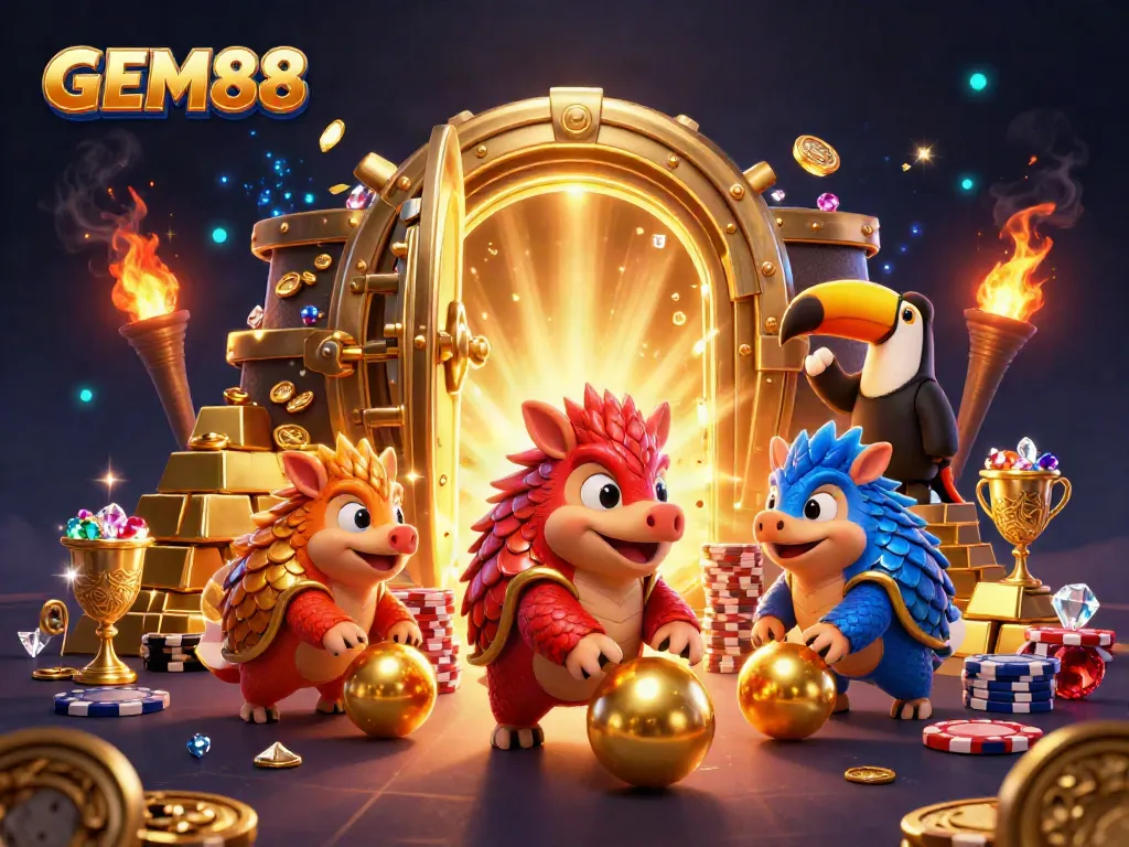 Engage with GEM88's exciting gaming world as rival pangolins compete in a vibrant casino scene.