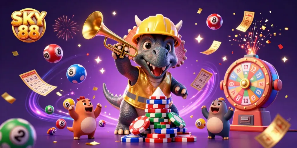 Experience the lively action of SKY 88 Casino with a vibrant casino scene celebrating wins.
