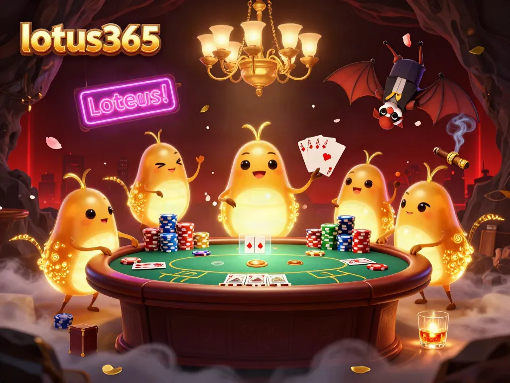 Engage in thrilling poker action with lotus365 in a vibrant casino scene illuminated by playful glowworms.