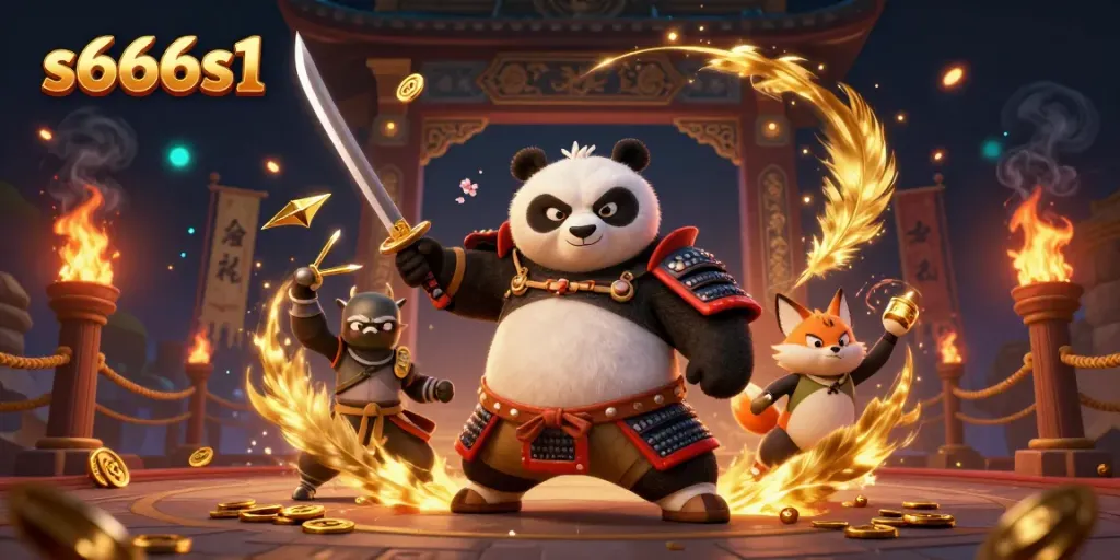 S666s1 players enjoy immersive gaming with samurai panda and ninja fox in an enchanting casino scene.