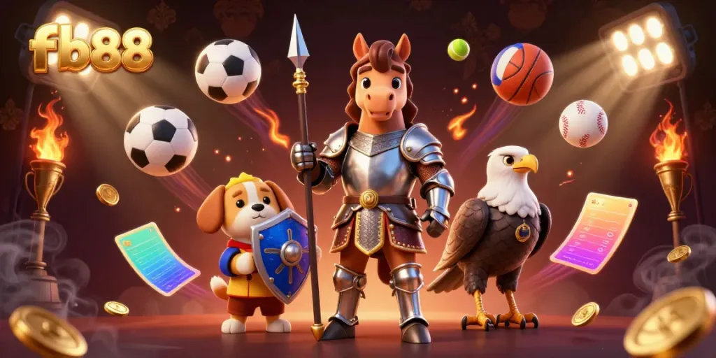 Experience the thrill of fb88 sports betting with a knight, puppy, and falcon in this vibrant illustration.