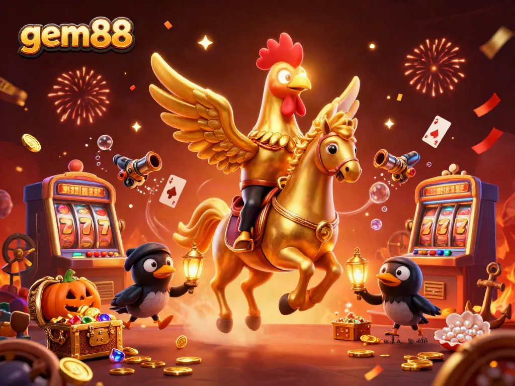 Experience gem88's vibrant casino world with golden rooster characters and dynamic slot games.