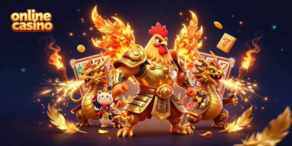 Engage with an exciting online casino scene featuring dynamic characters and slot elements.