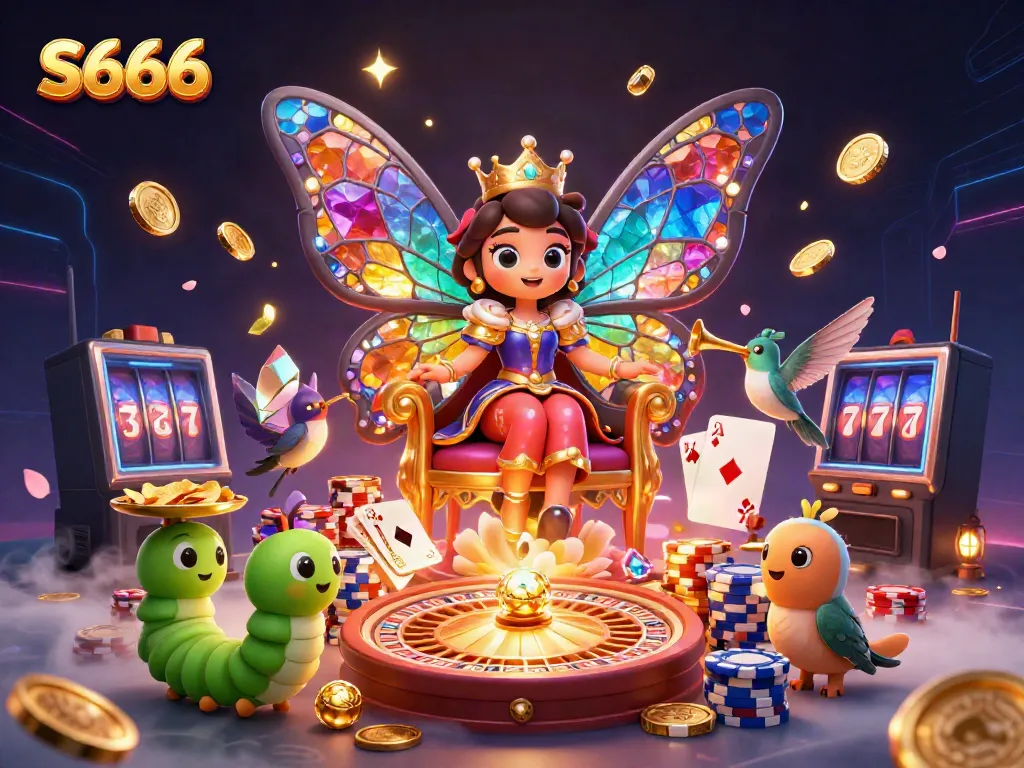 Engage in exciting gameplay with S666, featuring a vibrant casino scene with a butterfly queen and golden chips.