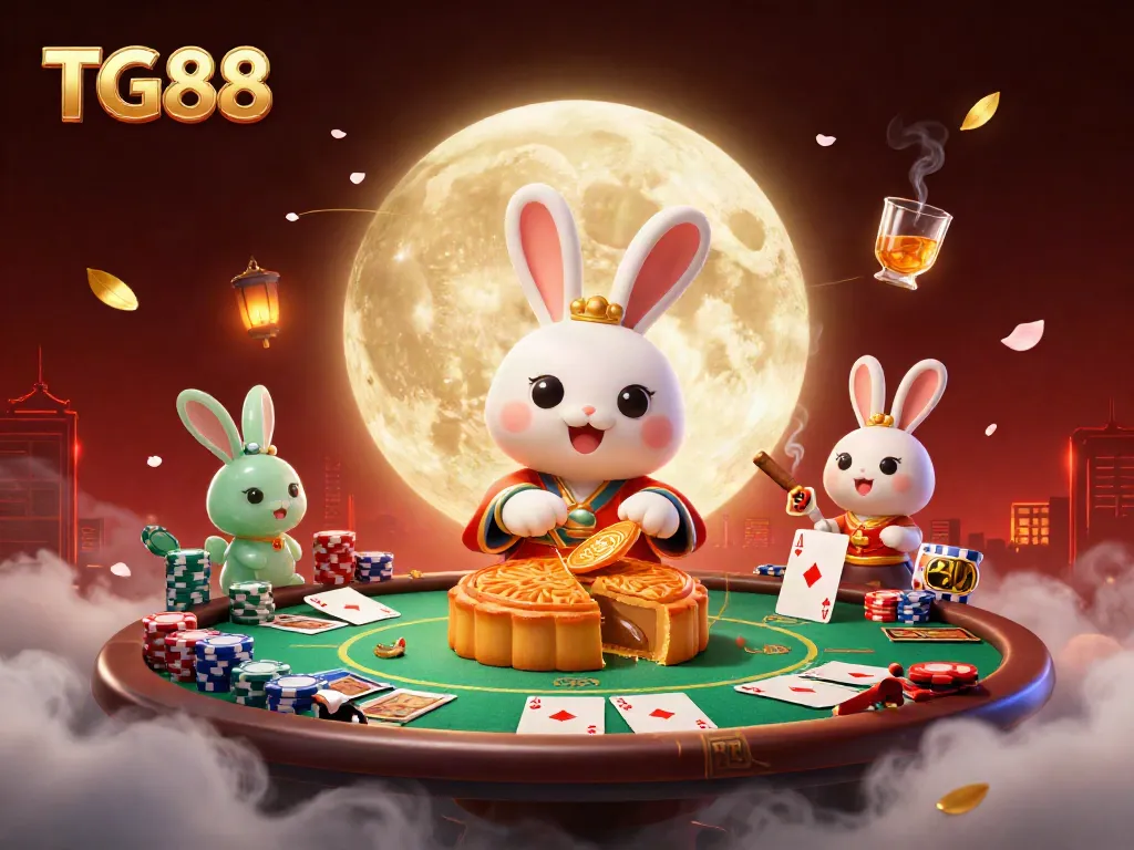 Experience TG88's vibrant gaming world with a moon rabbit creating poker chips from mooncakes.