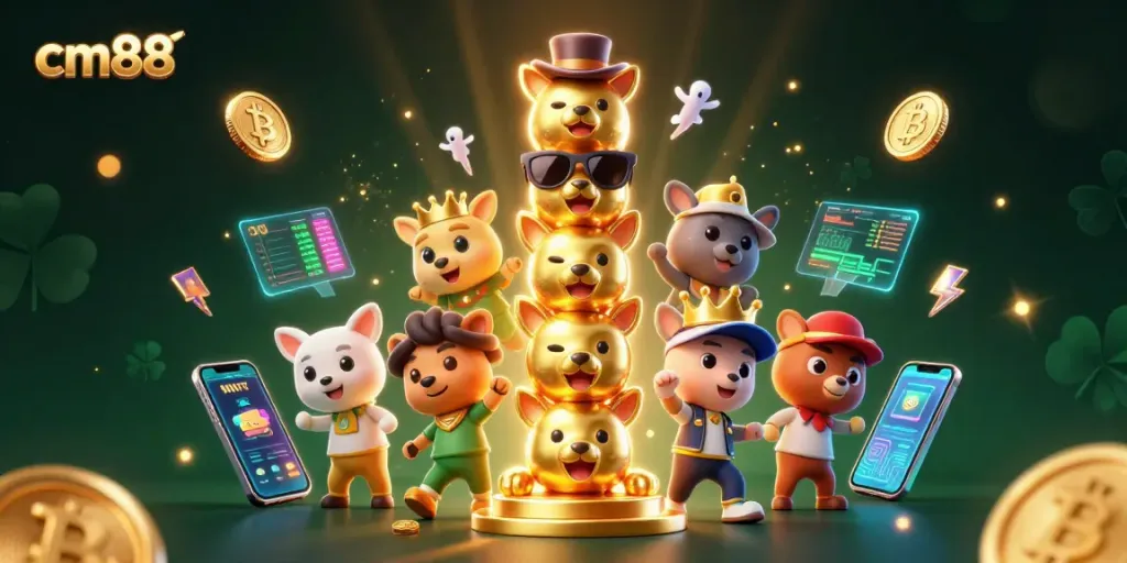 Engage in thrilling casino adventures with cm88, showcasing vibrant crypto elements and a magical totem.