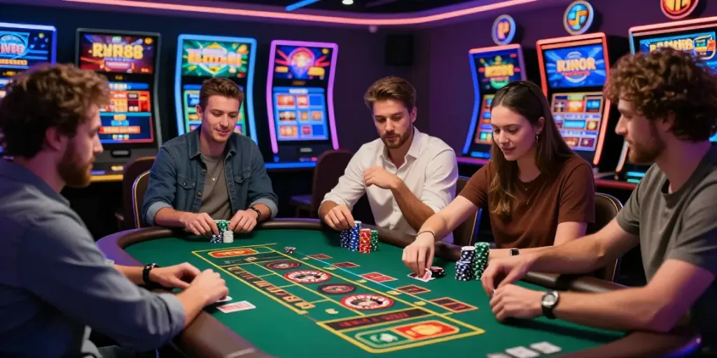 Exciting live casino game scene at RED88, showcasing diverse players engaging in roulette and blackjack.