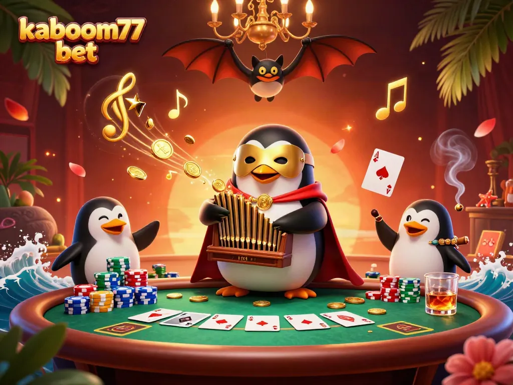 Experience thrilling gameplay with kaboom77 bet while watching a penguin and acrobat in a vibrant casino.