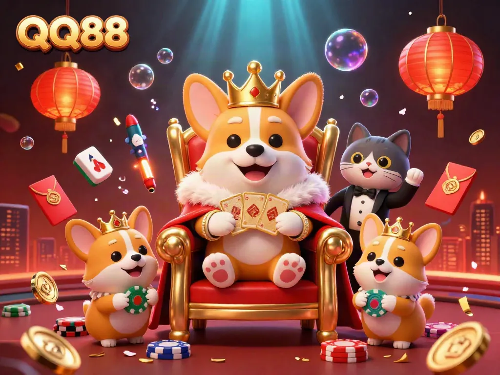 Experience the excitement of QQ88 with a royal corgi and cat butler in a vibrant casino scene.
